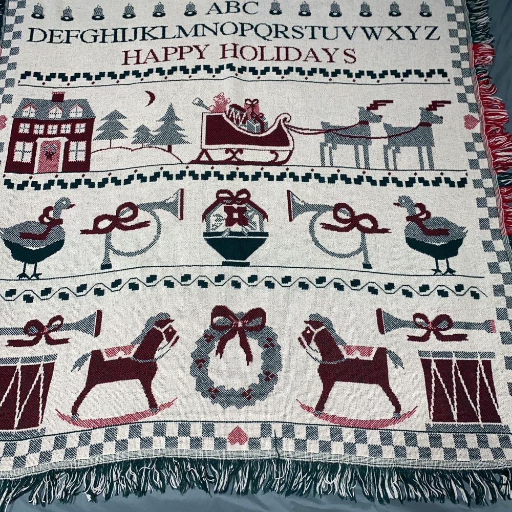 Vtg Woven Tapestry Throw Christmas Rocking Horse, Geese, Baskets 5' x 3' 10"